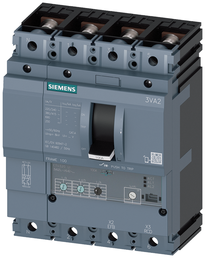 KOMPAKTNI PREKIDAČ, 3VA2, 4P, IN=40A, ICU=110KA, ETU320, PRIKLJUČAK ZA PAPUČICU