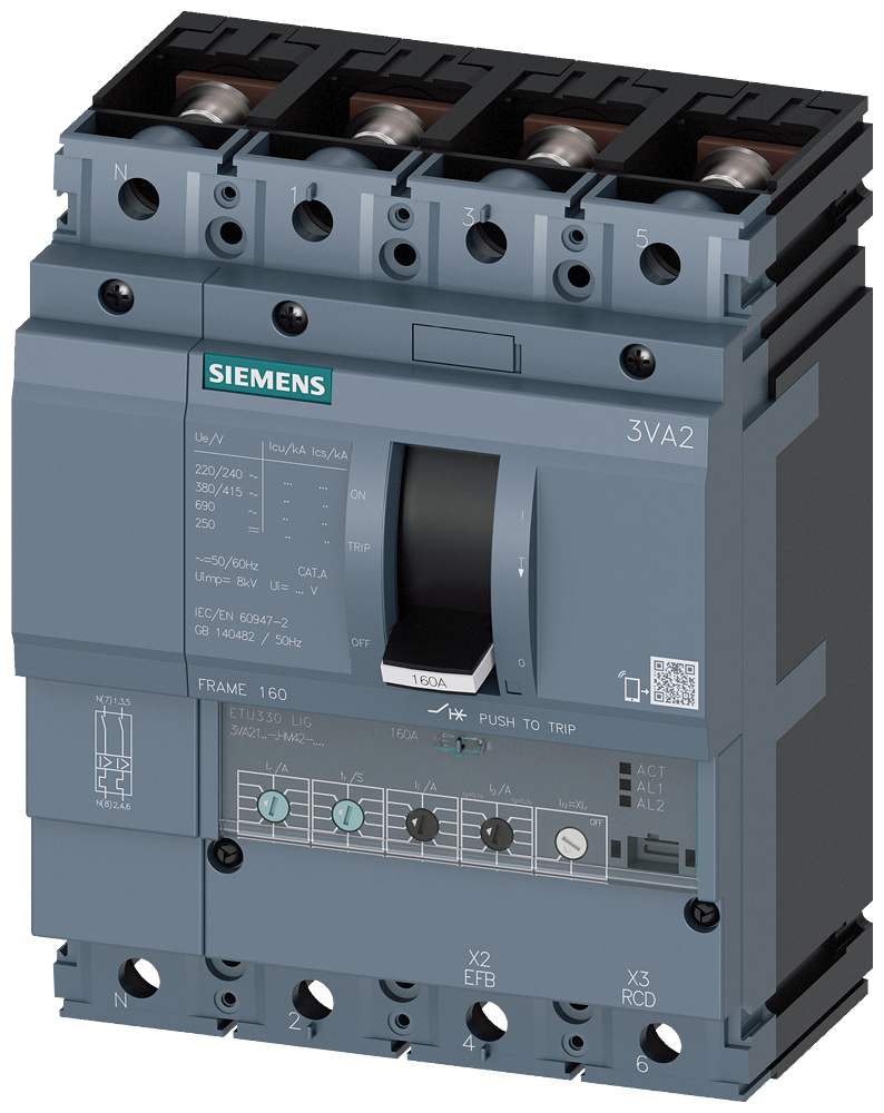 KOMPAKTNI PREKIDAČ, 3VA2, 4P, IN=63A, ICU=150KA, ETU330, PRIKLJUČAK ZA PAPUČICU