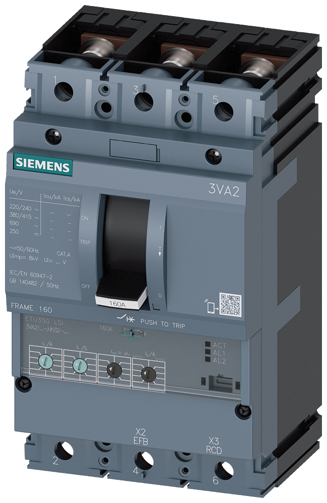 KOMPAKTNI PREKIDAČ, 3VA2, 3P, IN=160A, ICU=55KA, ETU350, PRIKLJUČAK ZA PAPUČICU