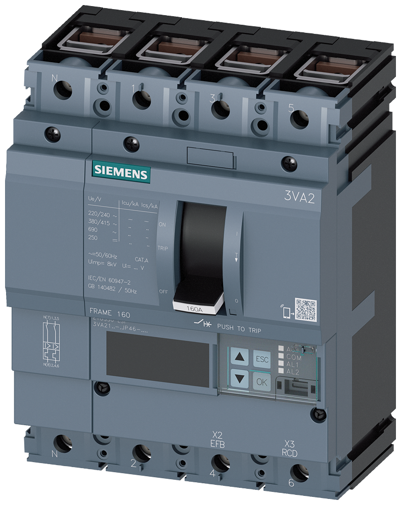 KOMPAKTNI PREKIDAČ, 3VA2, 4P, IN=63A, ICU=150KA, ETU550, PRIKLJUČAK ZA KABL
