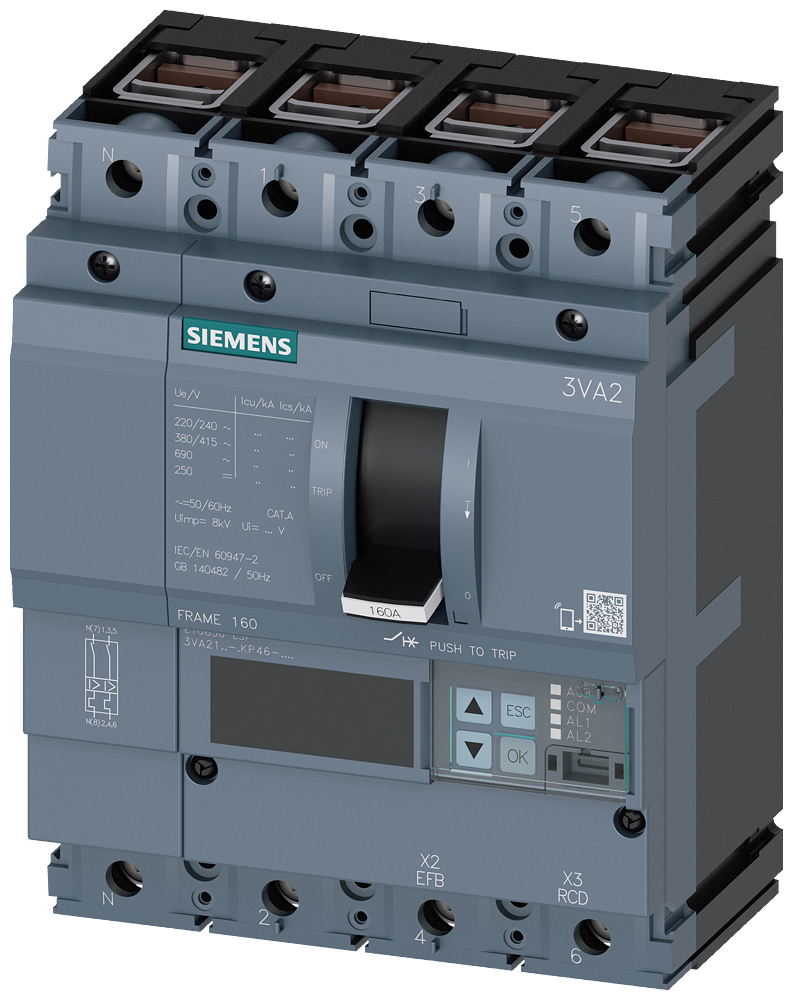 KOMPAKTNI PREKIDAČ, 3VA2, 4P, IN=63A, ICU=150KA, ETU850, PRIKLJUČAK ZA KABL