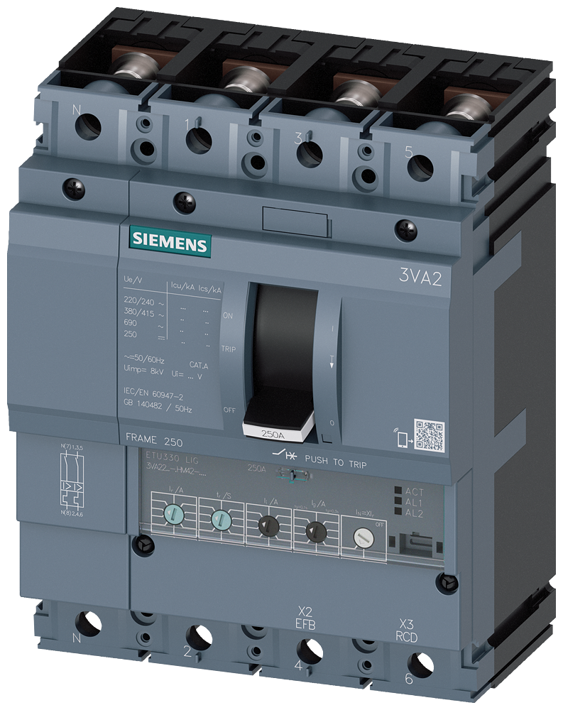 KOMPAKTNI PREKIDAČ, 3VA2, 4P, IN=250A, ICU=110KA, ETU330, PRIKLJUČAK ZA PAPUČICU