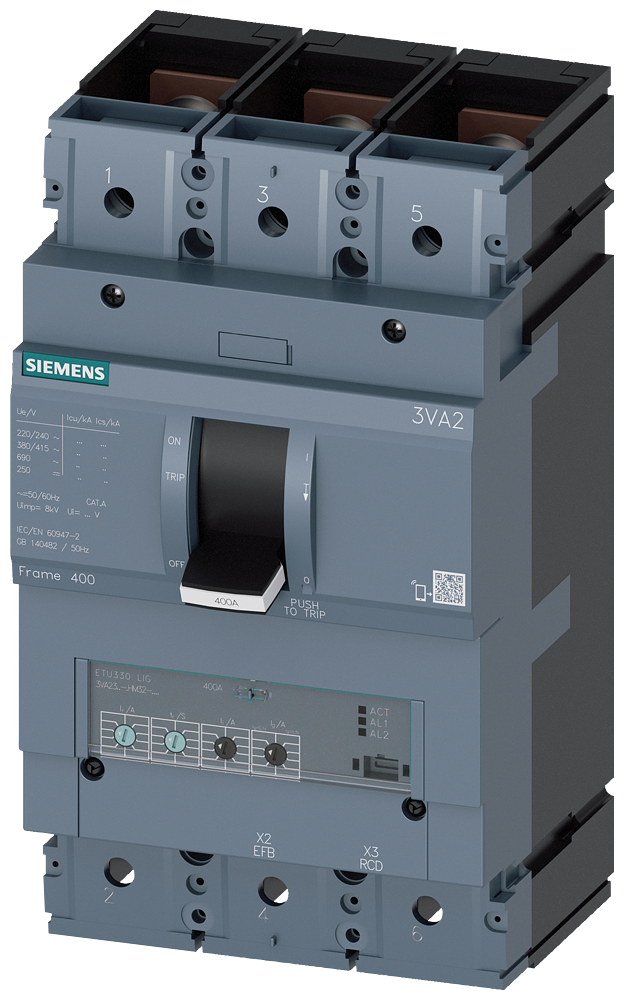 KOMPAKTNI PREKIDAČ, 3VA2, 3P, IN=400A, ICU=55KA, ETU330, PRIKLJUČAK ZA PAPUČICU