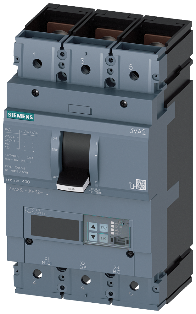 KOMPAKTNI PREKIDAČ, 3VA2, 3P, IN=400A, ICU=85KA, ETU850, PRIKLJUČAK ZA PAPUČICU