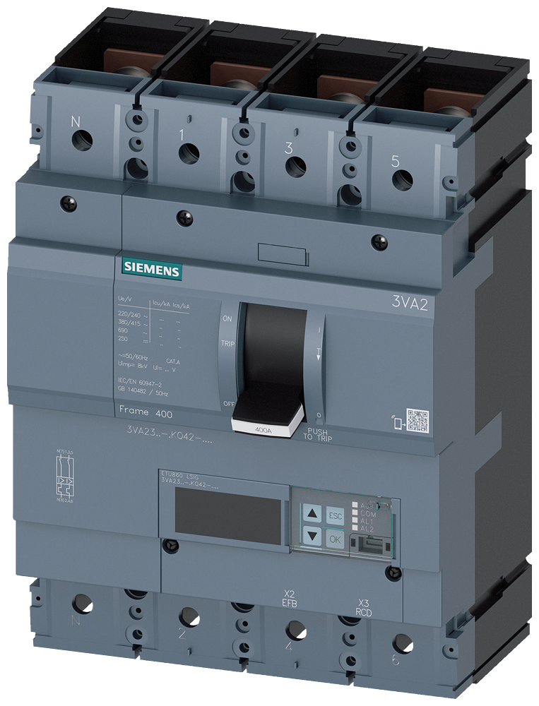 KOMPAKTNI PREKIDAČ, 3VA2, 4P, IN=400A, ICU=85KA, ETU860, PRIKLJUČAK ZA PAPUČICU
