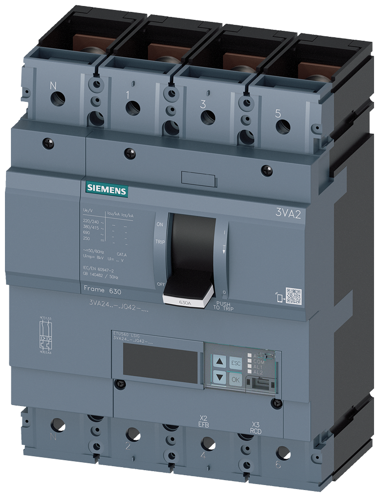 KOMPAKTNI PREKIDAČ, 3VA2, 4P, IN=630A, ICU=110KA, ETU560, PRIKLJUČAK ZA PAPUČICU