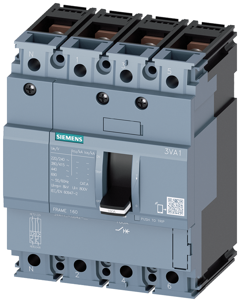 KOMPAKTNI PREKIDAČ, 3VA1, 4P, IN=50A, ICU=25KA, TM210, PRIKLJUČAK ZA PAPUČICU
