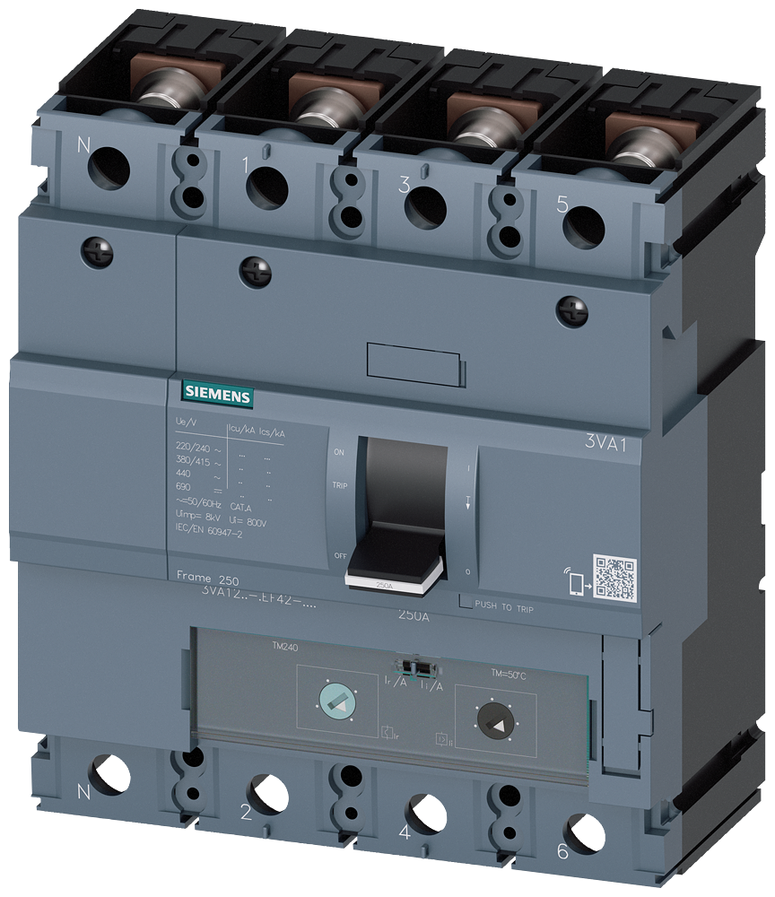 KOMPAKTNI PREKIDAČ, 3VA1, 4P, IN=250A, ICU=55KA, TM240, PRIKLJUČAK ZA PAPUČICU
