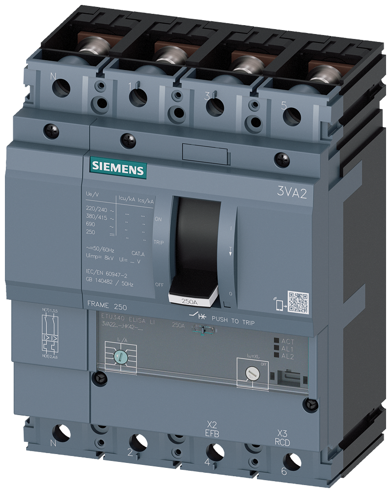 KOMPAKTNI PREKIDAČ, 3VA2, 4P, IN=160A, ICU=55KA, ETU340, PRIKLJUČAK ZA PAPUČICU