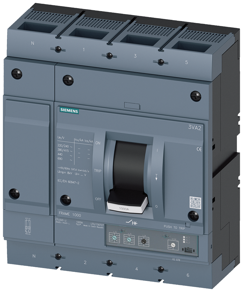 KOMPAKTNI PREKIDAČ, 3VA2, 4P, IN=1000A, ICU=110KA, ETU320, PRIKLJUČAK ZA PAPUČICU