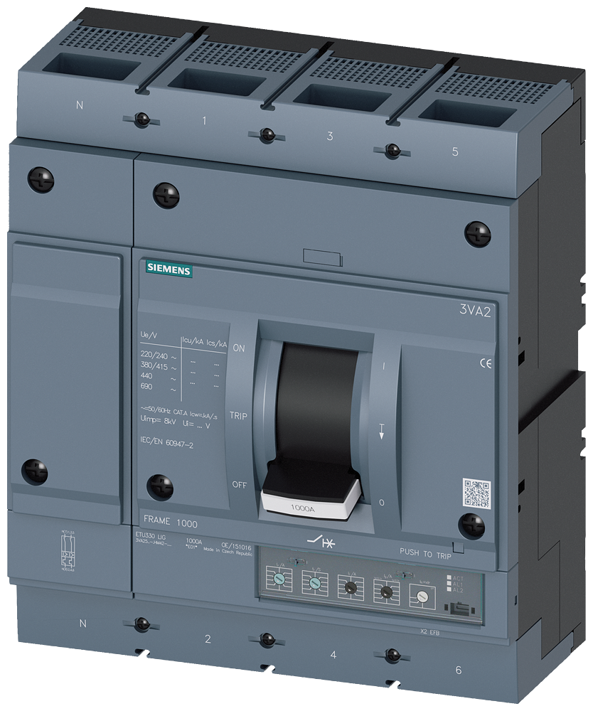 KOMPAKTNI PREKIDAČ, 3VA2, 4P, IN=1000A, ICU=110KA, ETU330, PRIKLJUČAK ZA PAPUČICU