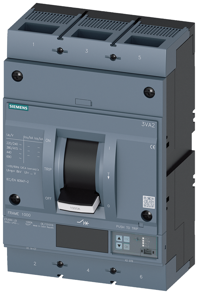 KOMPAKTNI PREKIDAČ, 3VA2, 3P, IN=1000A, ICU=110KA, ETU550, PRIKLJUČAK ZA PAPUČICU