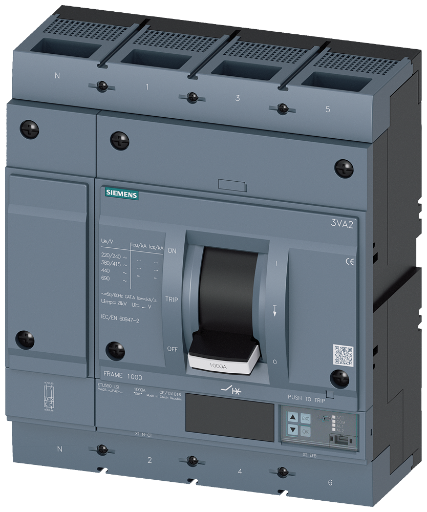 KOMPAKTNI PREKIDAČ, 3VA2, 4P, IN=1000A, ICU=110KA, ETU550, PRIKLJUČAK ZA PAPUČICU