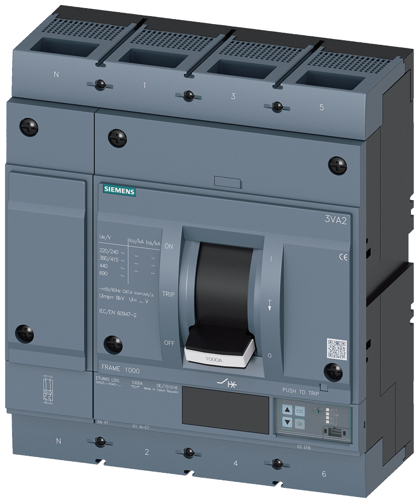 KOMPAKTNI PREKIDAČ, 3VA2, 4P, IN=1000A, ICU=110KA, ETU860, PRIKLJUČAK ZA PAPUČICU