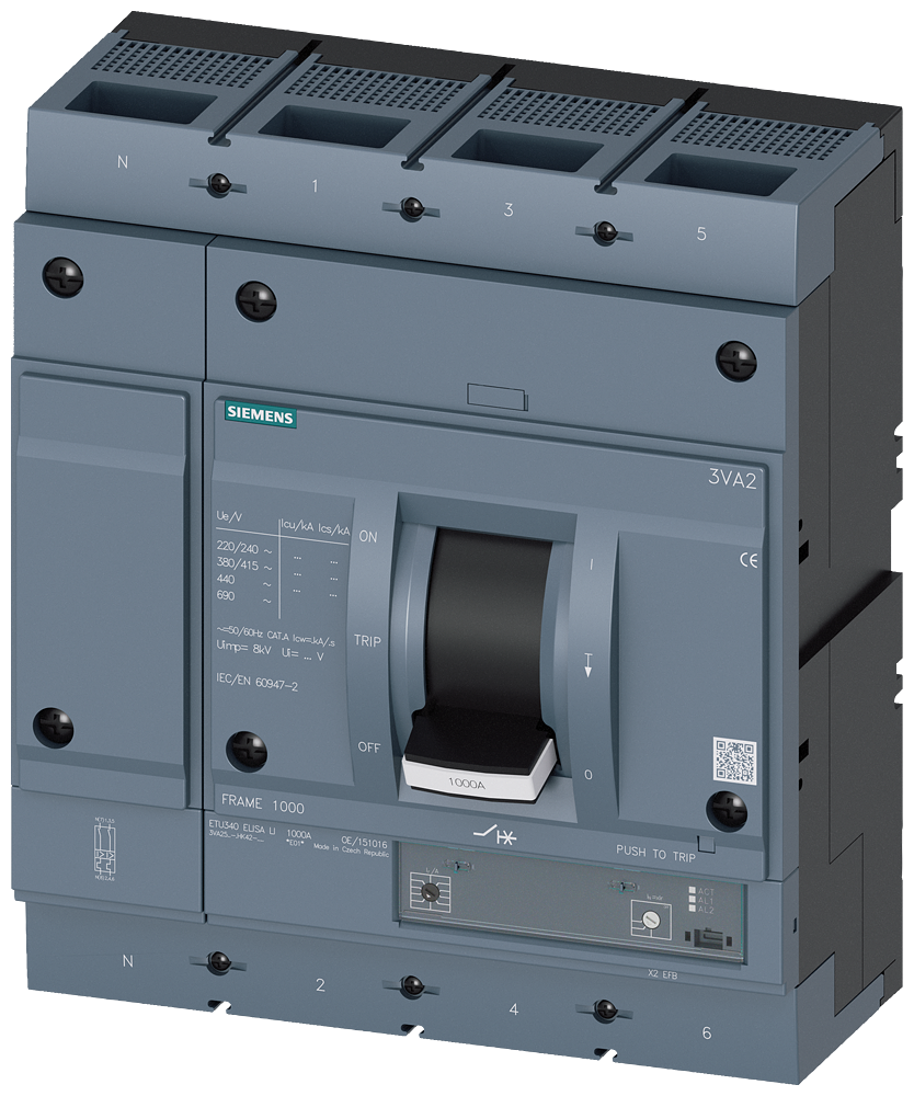 KOMPAKTNI PREKIDAČ, 3VA2, 4P, IN=1000A, ICU=110KA, ETU340, PRIKLJUČAK ZA PAPUČICU