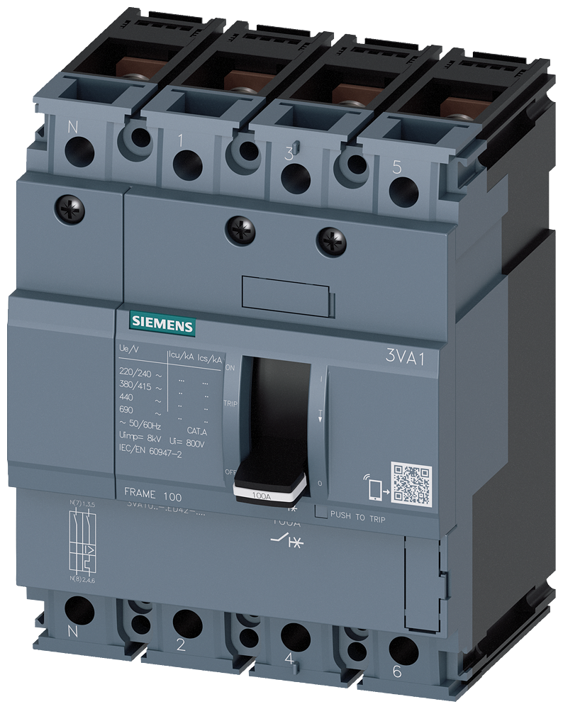 KOMPAKTNI PREKIDAČ, 3VA1, 4P, IN=20A, ICU=25KA, TM210, PRIKLJUČAK ZA PAPUČICU