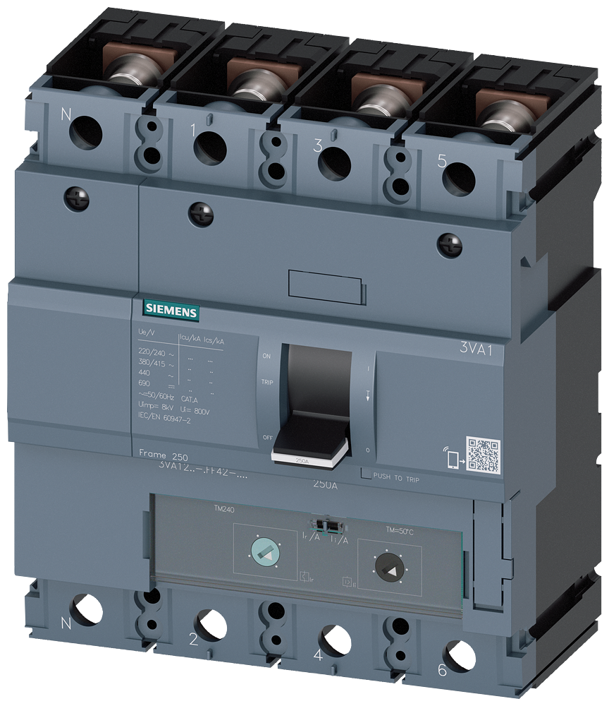 KOMPAKTNI PREKIDAČ, 3VA1, 4P, IN=200A, ICU=70KA, TM240, PRIKLJUČAK ZA PAPUČICU